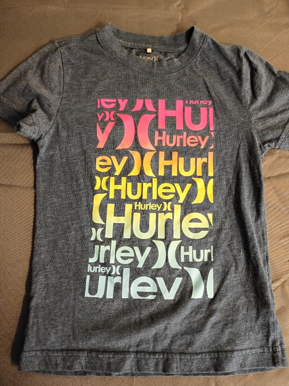 Hurley Kid’s Charcoal Tee with Pink, Yellow & Mint Logo Print